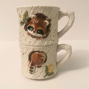 Vintage 1977 Enesco Japan Raccoon Figural Stackable Mugs Set of 2 3D